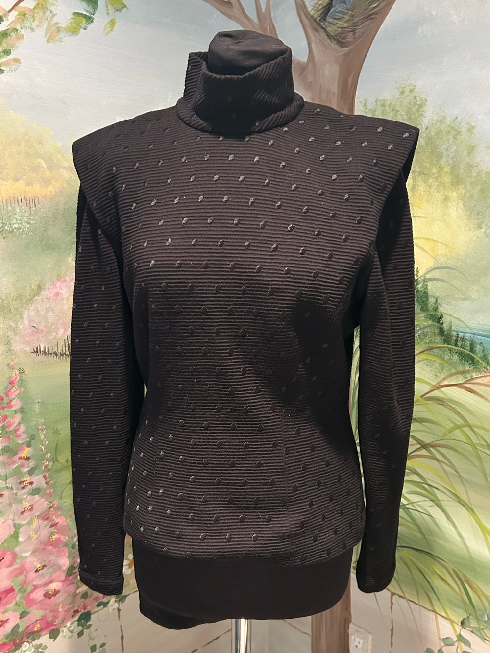 Vintage Peggy Jennings Black Textured Mock Neck Structured Blouse. Size L